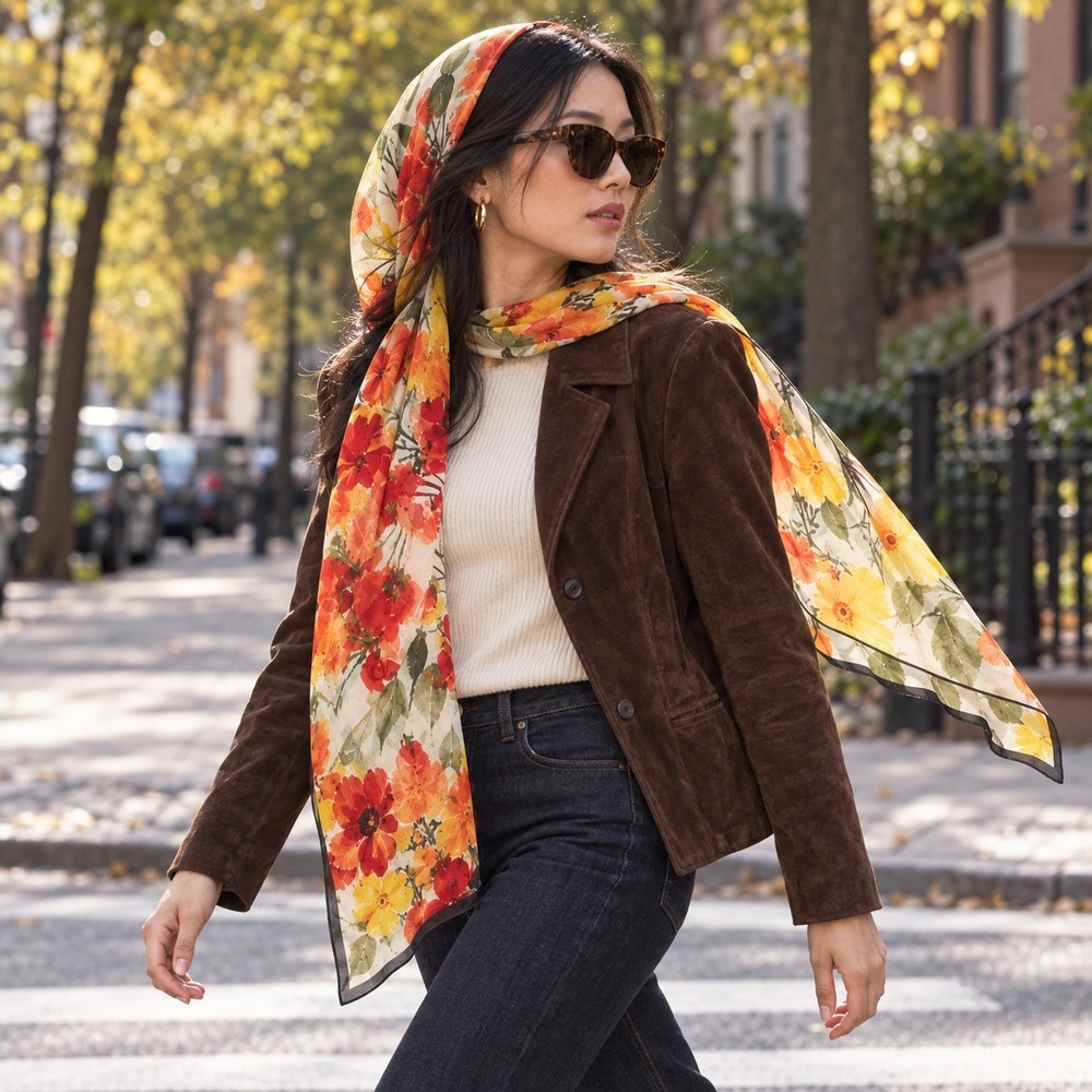 100% Silk Floral Shawl Orange Poppy Print Lightweight Rectangular Scarf 20x63